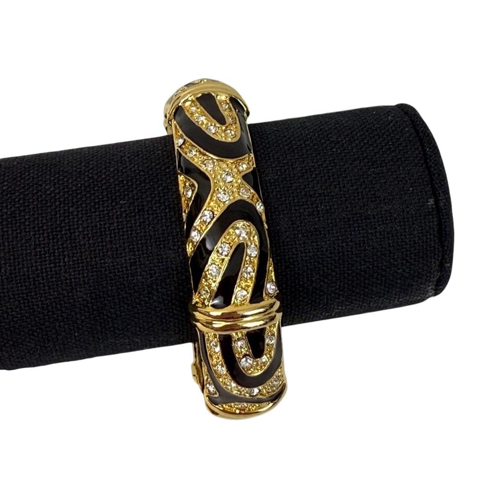 Y2k Rhinestone Gold Black Enamel Bracelet Vintage Hinged Clasp - Picture 13 of 16